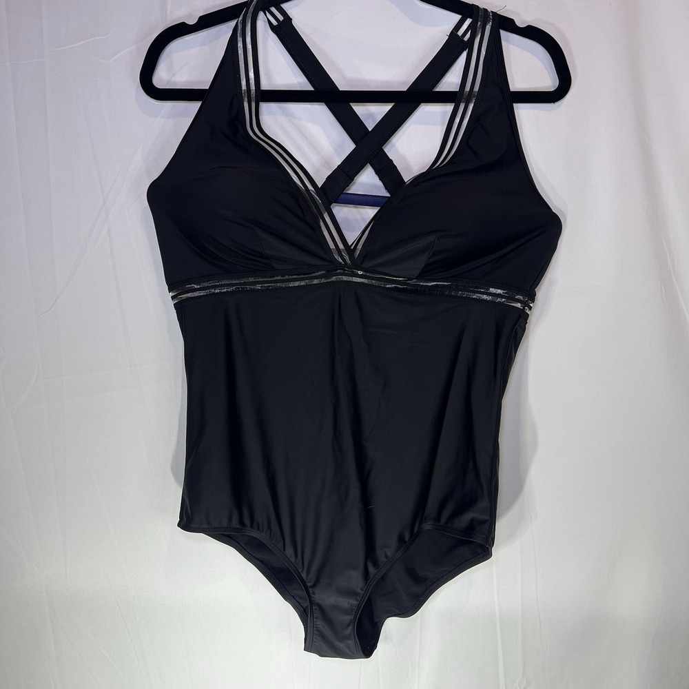 Torrid Plus Size 1 Swimsuit Black One Piece Shadow Stripe Inset Swim V‎ Neck 1X